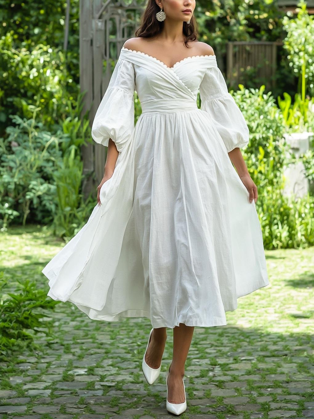 Maxi Linen Dress, Long Sleeve, Lace Collar, Cottagecore, Linen Blend, White