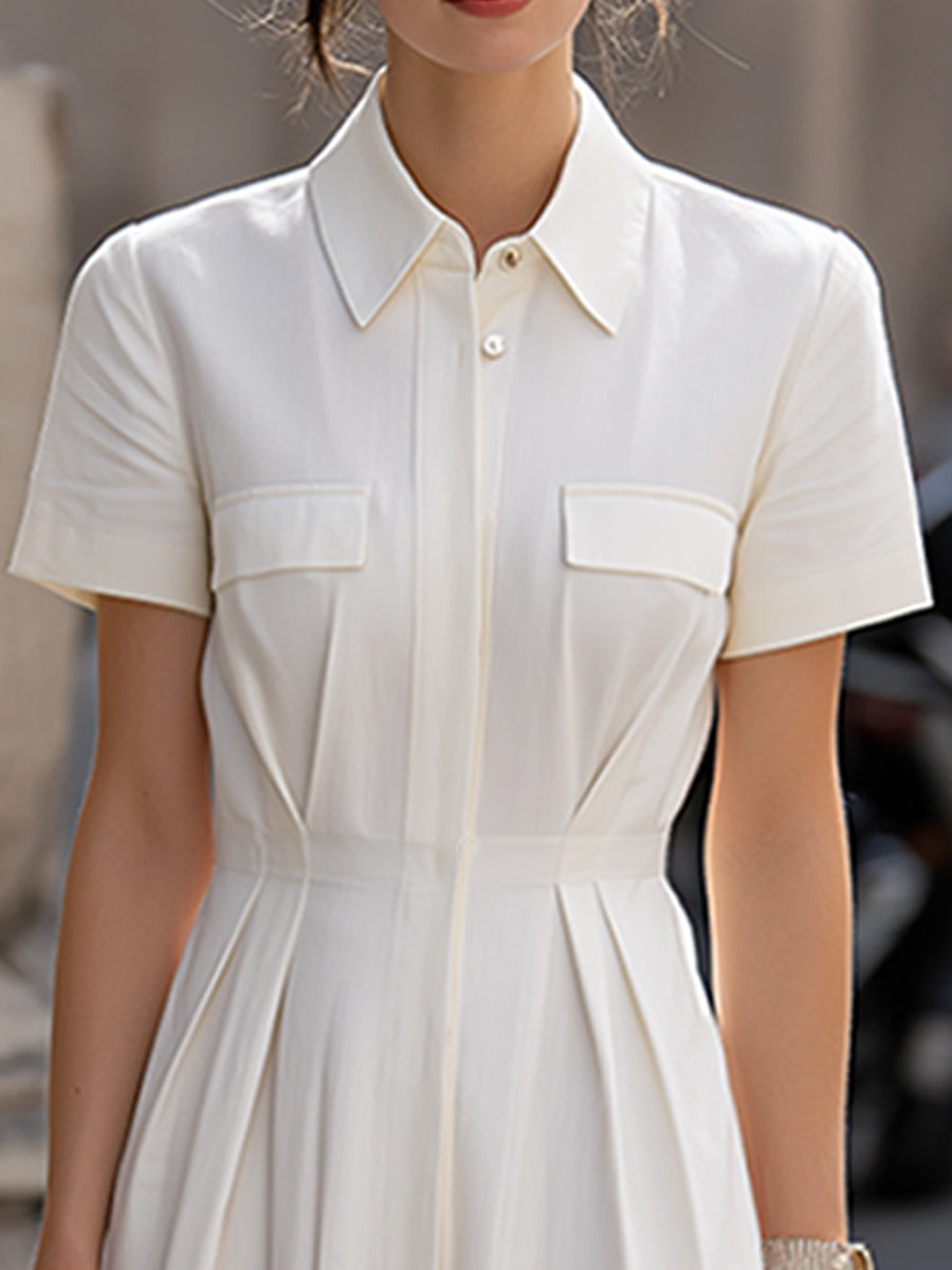 Structured Short Sleeve Shirt Collar Pleated Midi Dress