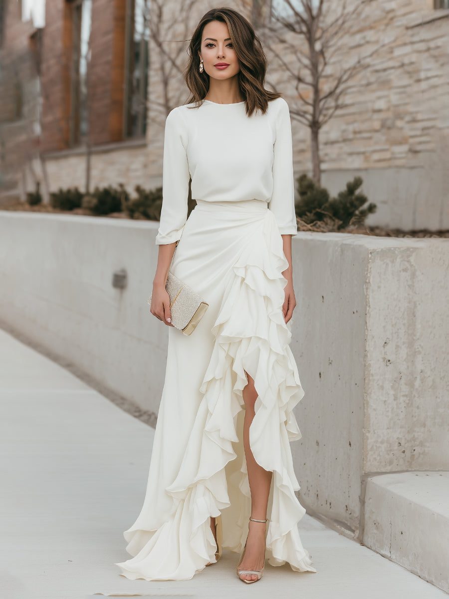 Long Sleeve Round Neck Top And Asymmetrical Ruffle Skirt Set