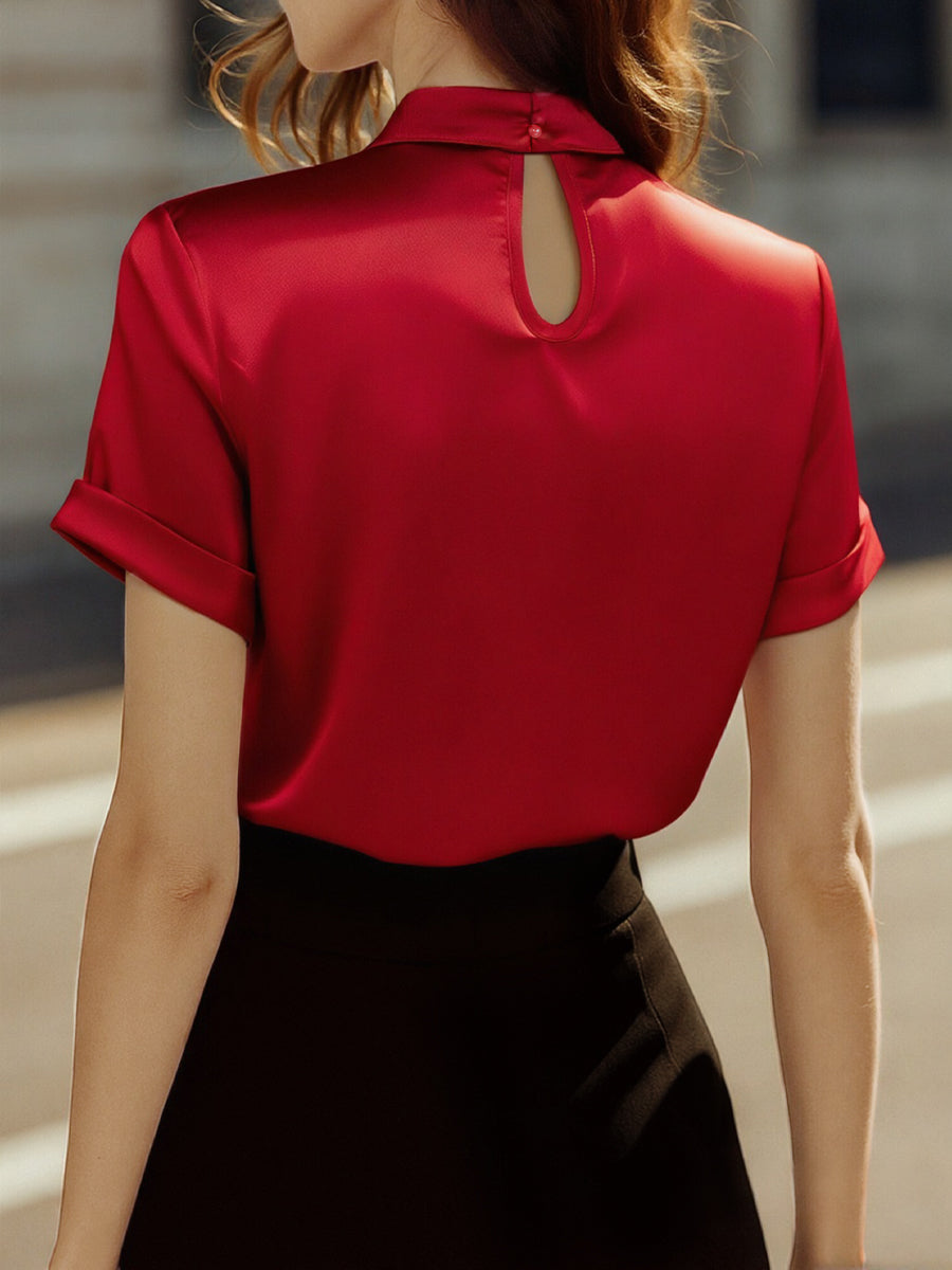 Sophisticated White Satin Blouse with Modern Keyhole Neckline