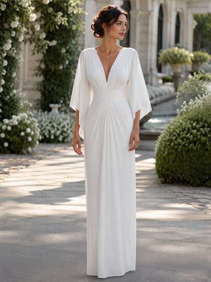 Plunging V-Neck Pleated Ruched Cape Sleeve Maxi Dress
