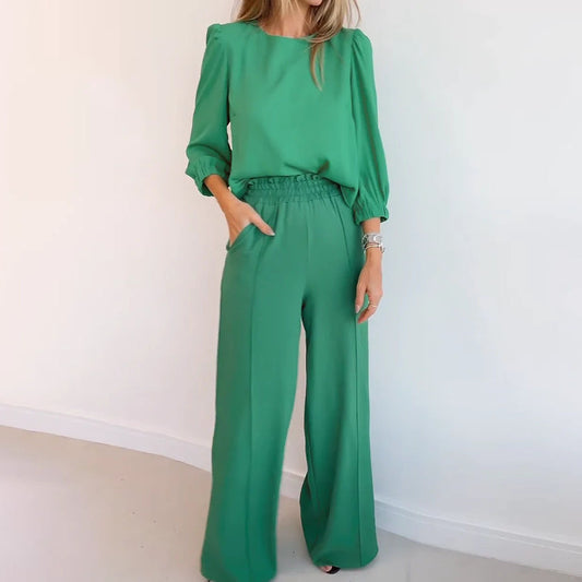 Loose round Neck 3/4 Sleeves High Elastic Wide Leg Pants Suit