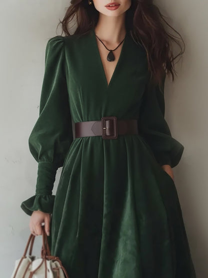 Midi Cotton Dress, Long Sleeves, V Neck, Plain, Lace, Vintage, Green