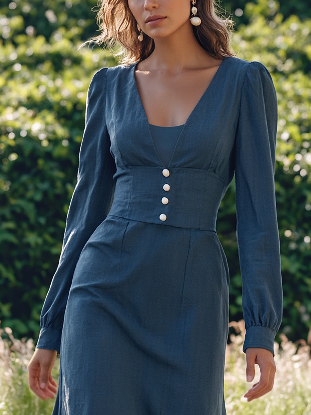 Maxi Cotton Dress, Long Sleeves, V Neck, Plain, Button Design, Vintage, Dark_blue