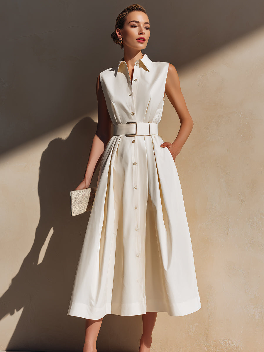 Sleeveless Belted Shirt Midi Dress