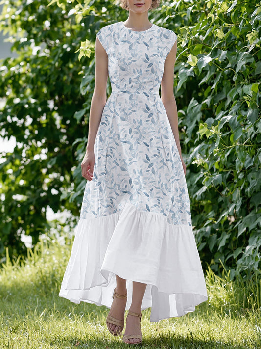 Maxi Linen Dress, Short Sleeves, Crew Neck, Floral, Ruffles, Vintage, Blue