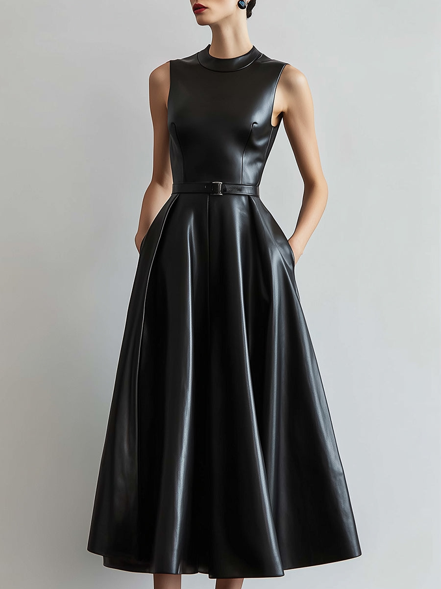 Sophisticated Faux Leather Black Midi Dress With Belted Waist