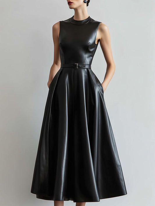 Sophisticated Faux Leather Black Midi Dress With Belted Waist