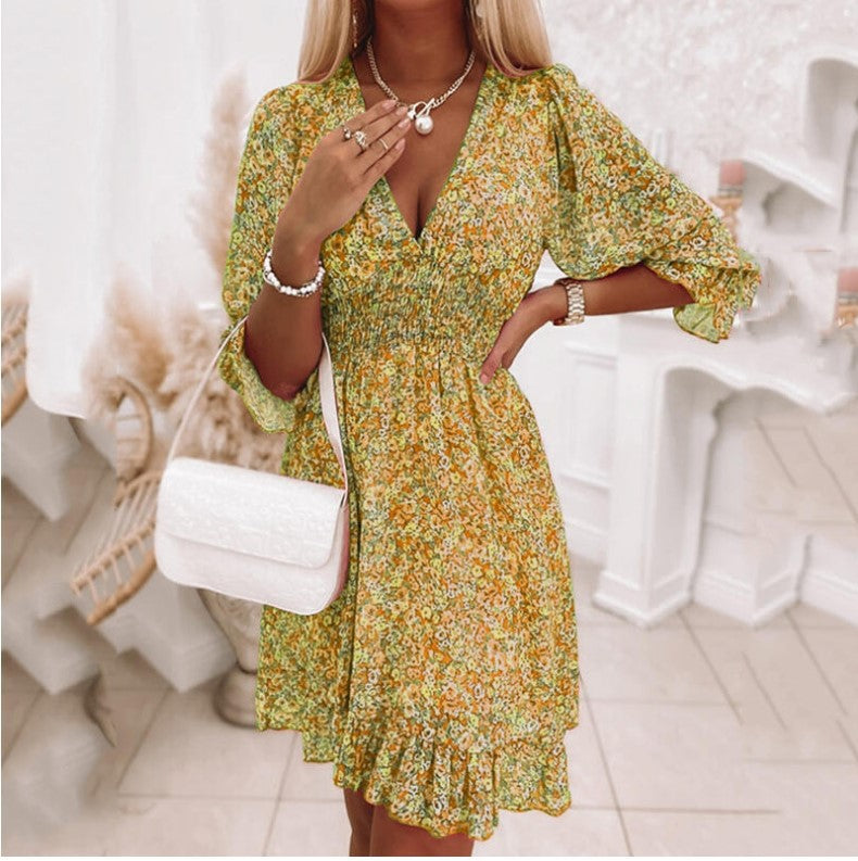 Mid-Length Dress Pullover Print Short Sleeve Puff Sleeve Mid-Waist Floral Dress