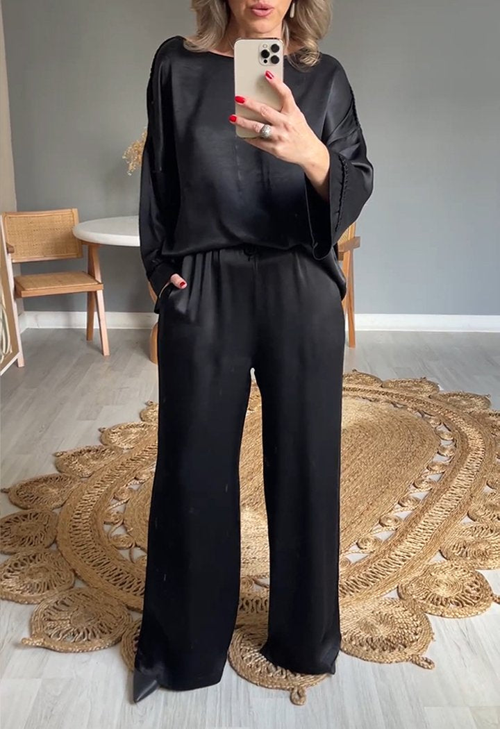 Satin Crew Neck Long Sleeve Two-piece Suit