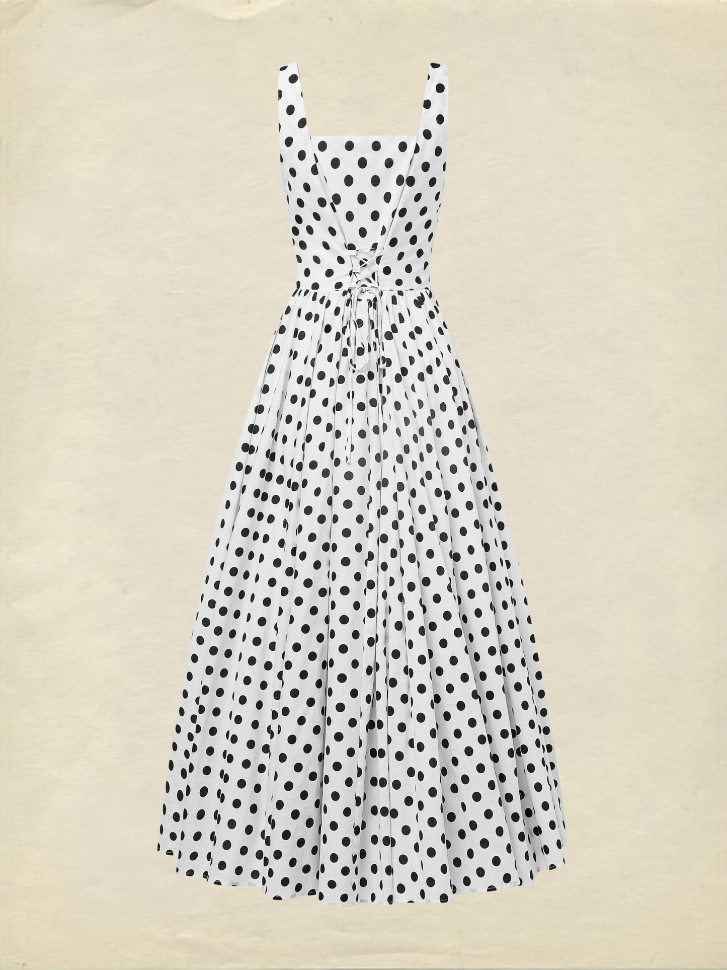 Maxi Cotton Dress , Sleeveless, Square Neck, Polka Dots, Suspenders, Vintage, White