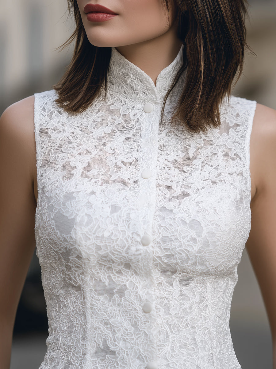 Sleeveless Lace Mandarin Collar Button-Front Top