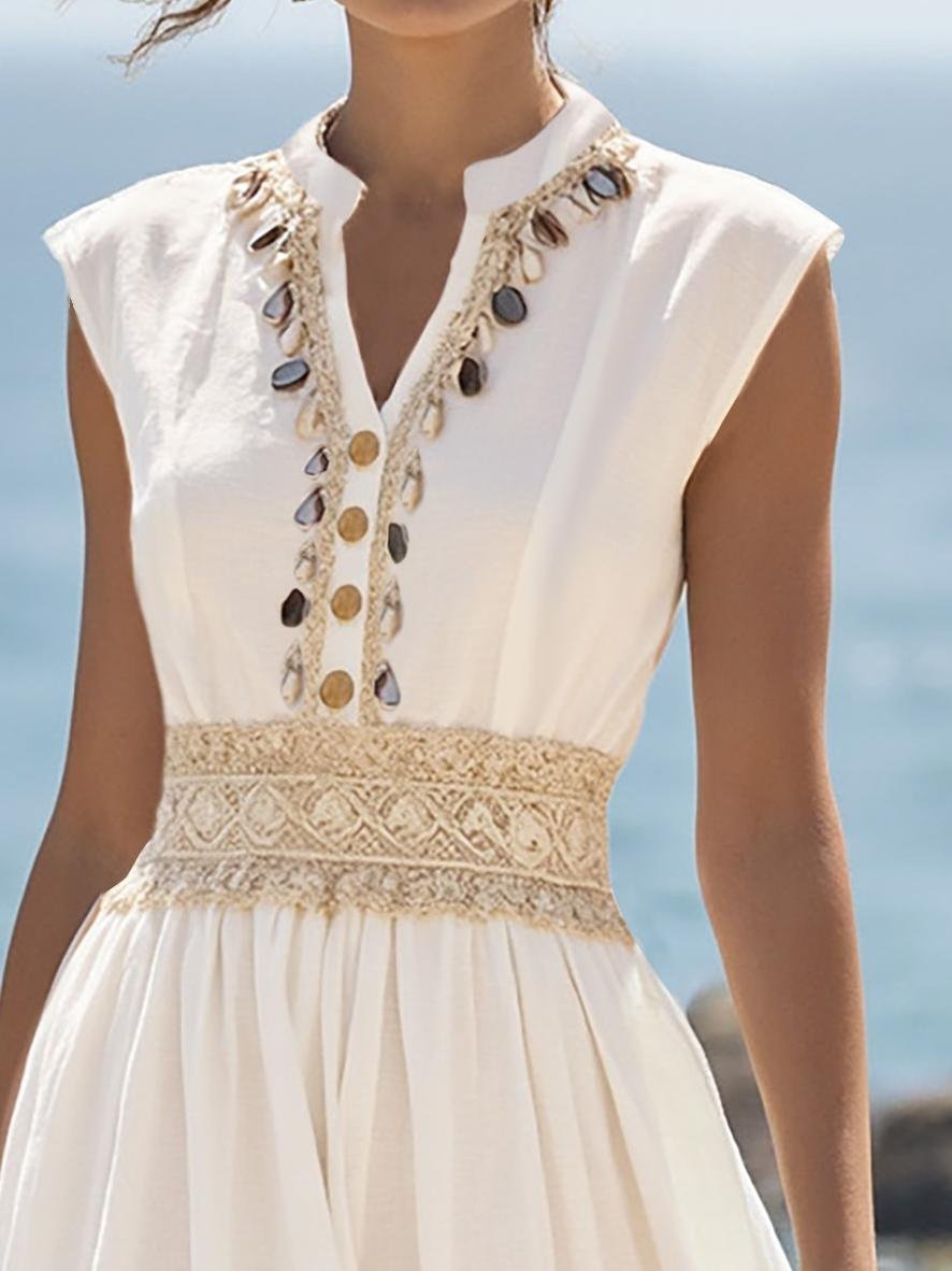 Maxi Linen Dress , Cap Sleeves, V Neck, Plain, Lace, Vintage, White