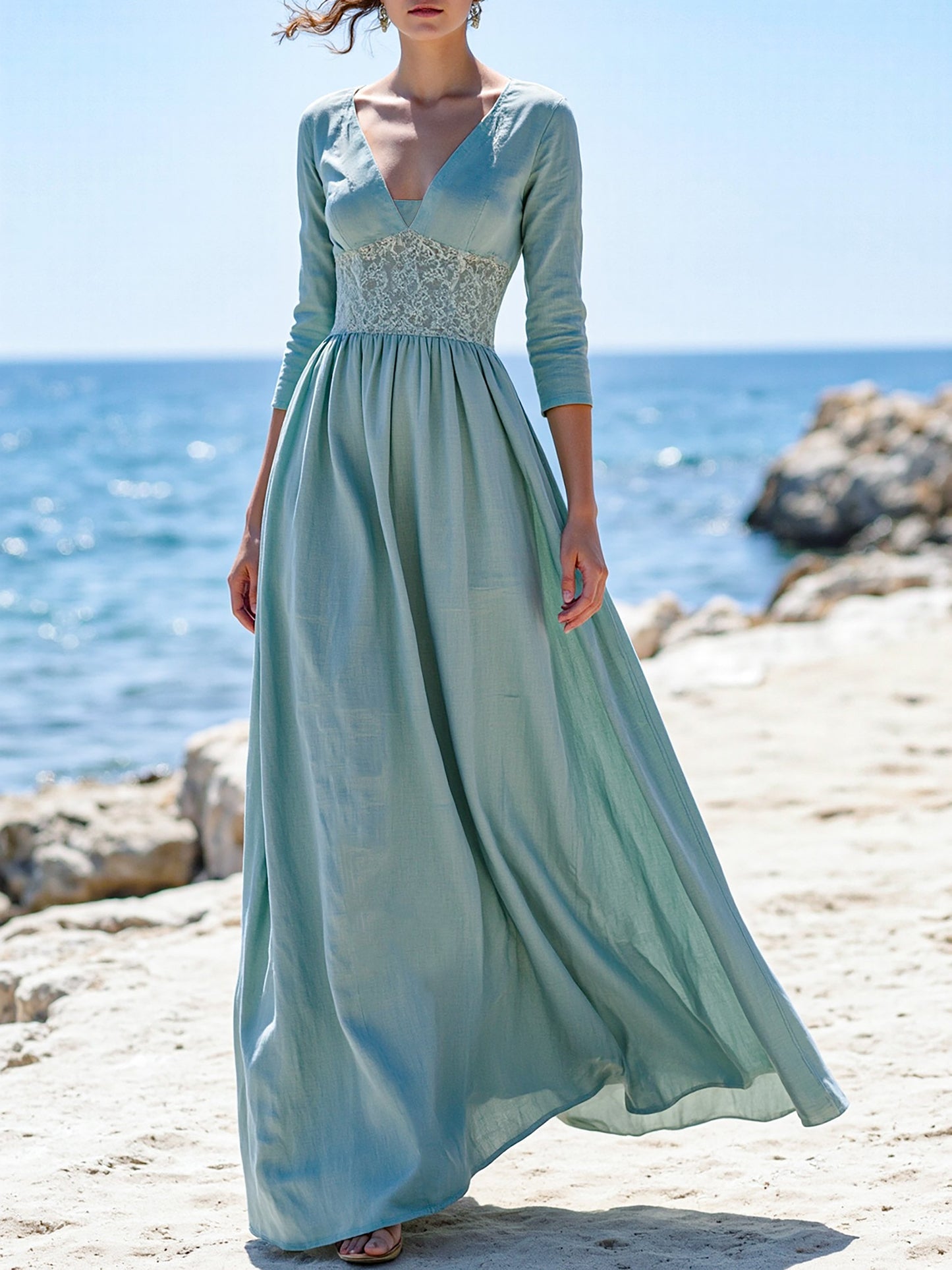Maxi Linen Dress, Half Sleeve, V Neck, Plain, Lace, Vintage, Cyan