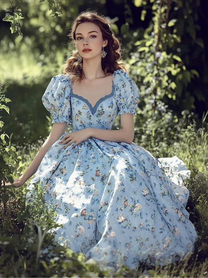 Maxi Linen Dress, Puff Sleeves, Crew Neck, Floral, Linen Blend, Blue