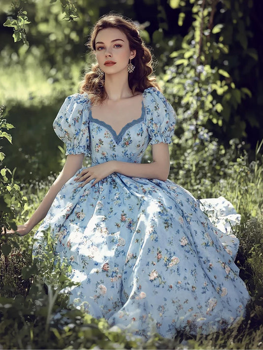 Maxi Linen Dress, Puff Sleeves, Crew Neck, Floral, Linen Blend, Blue