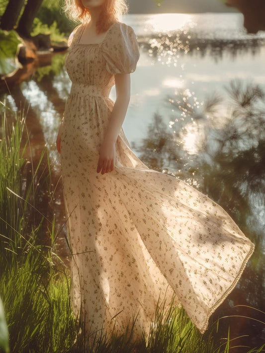 Maxi Dress, Vintage, Floral, Square Neck,  Short Sleeve, Apricot