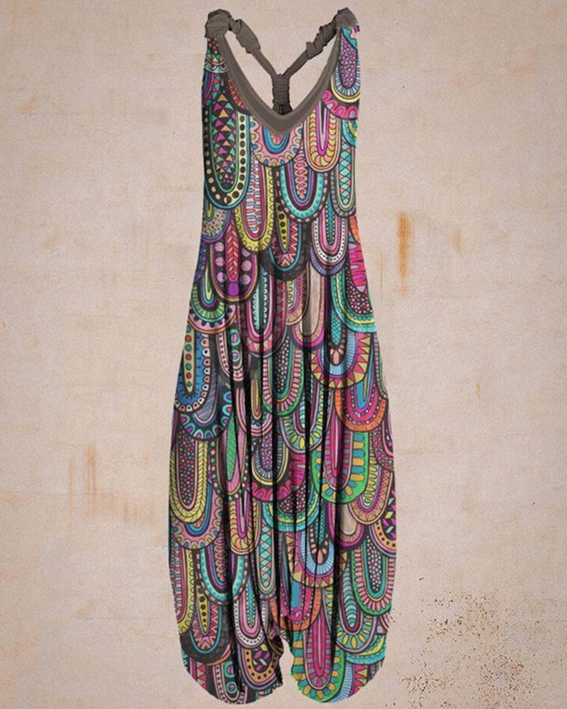 Retro Ethnic Print Loose Jumpsuit