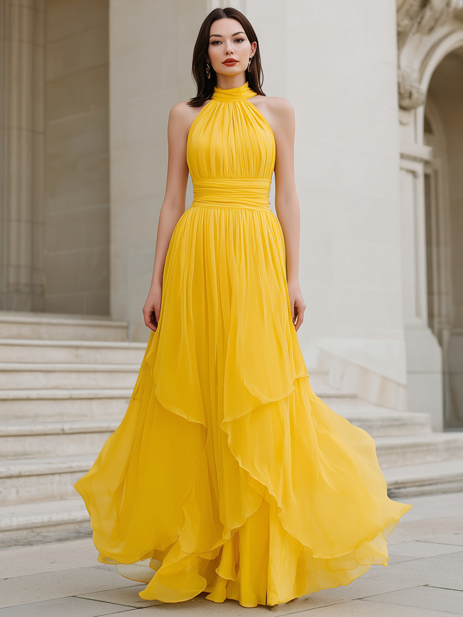 Yellow Halter Neck Pleated Chiffon Maxi Dress With Tiered Hem