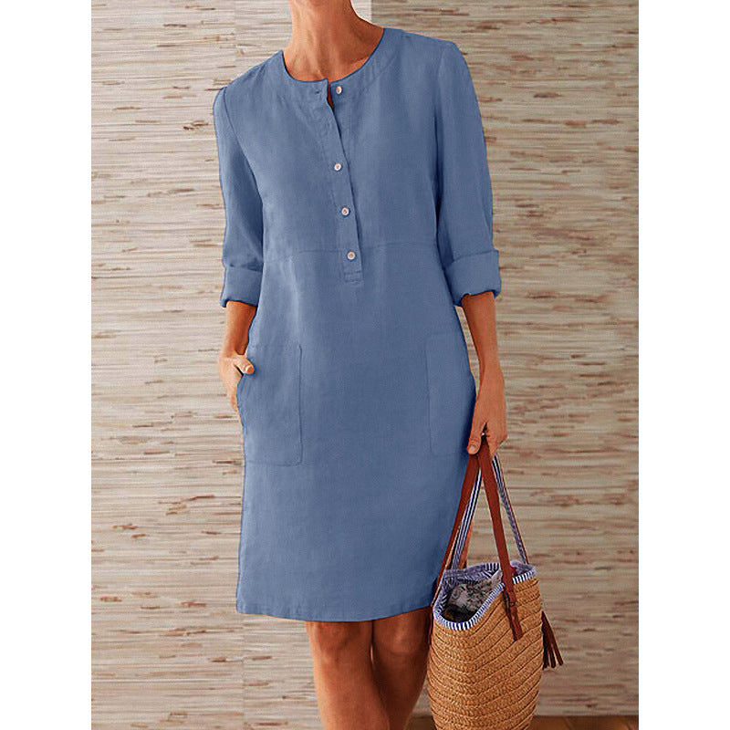 Plus Size Spring NEW round Neck Solid Color Long Sleeve Dress