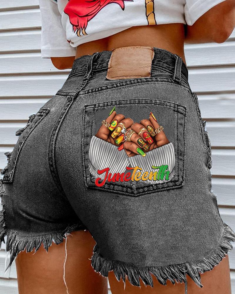 Juneteenth Nail Print Denim Shorts