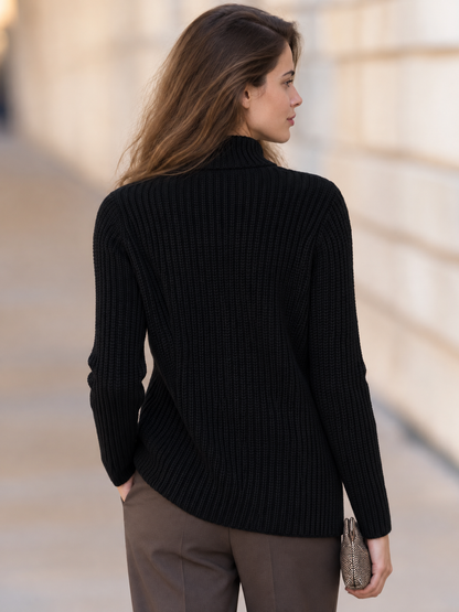 Black Ribbed Knit Turtleneck Button Detail Sweater