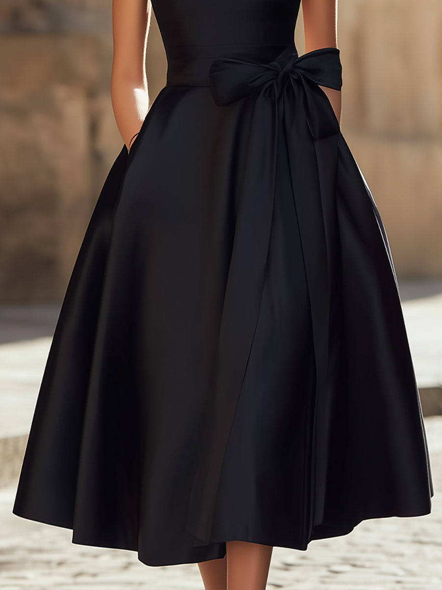 Timeless Elegance Boat-Neck A-Line Midi Dress With Oversized Side Bow