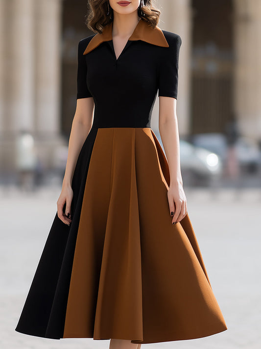 Black & Camel Color-Blocked Fit-and-Flare Midi Dress