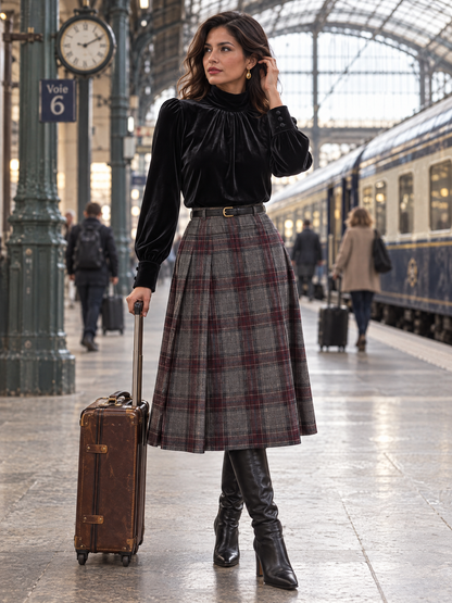 Velvet Mock Neck Gathered Puff Sleeve Blouse