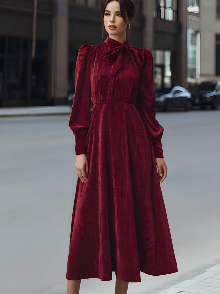 Velvet Pleated Bow-Neck Midi Dress