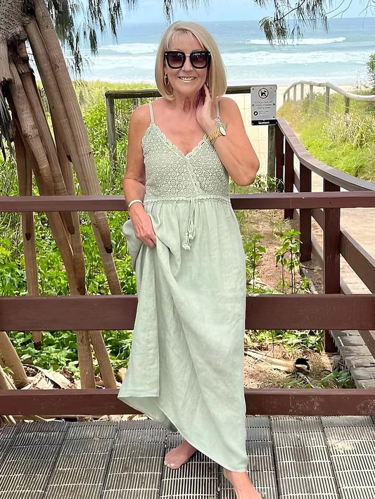 Classic Deep V Neck Linen Casual Dress