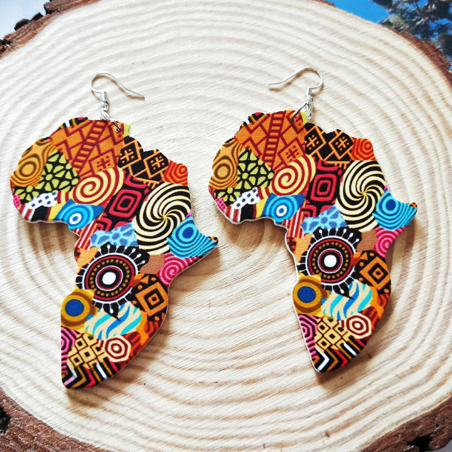 Patterned Geometric Round Wooden Earrings