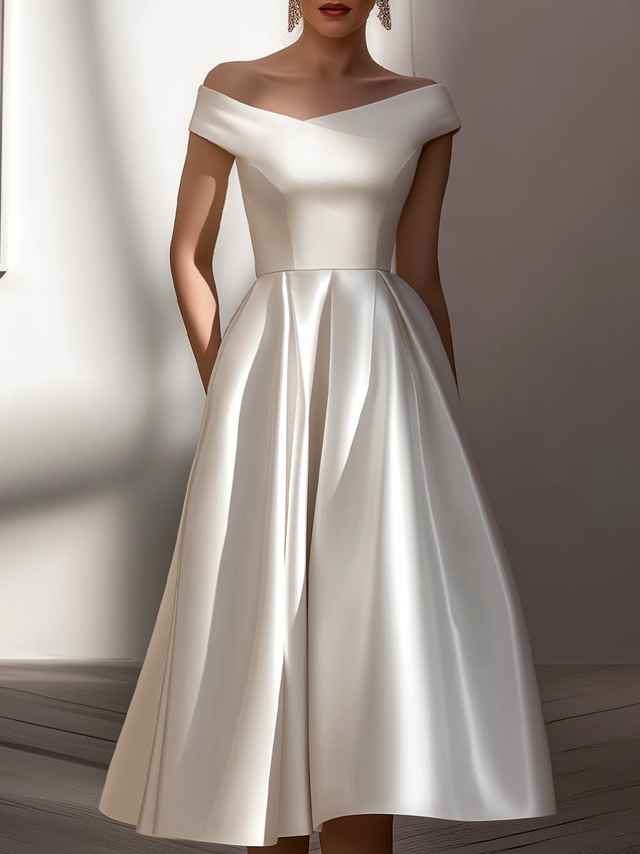 Off-Shoulder Satin Sculpted Midi Dress