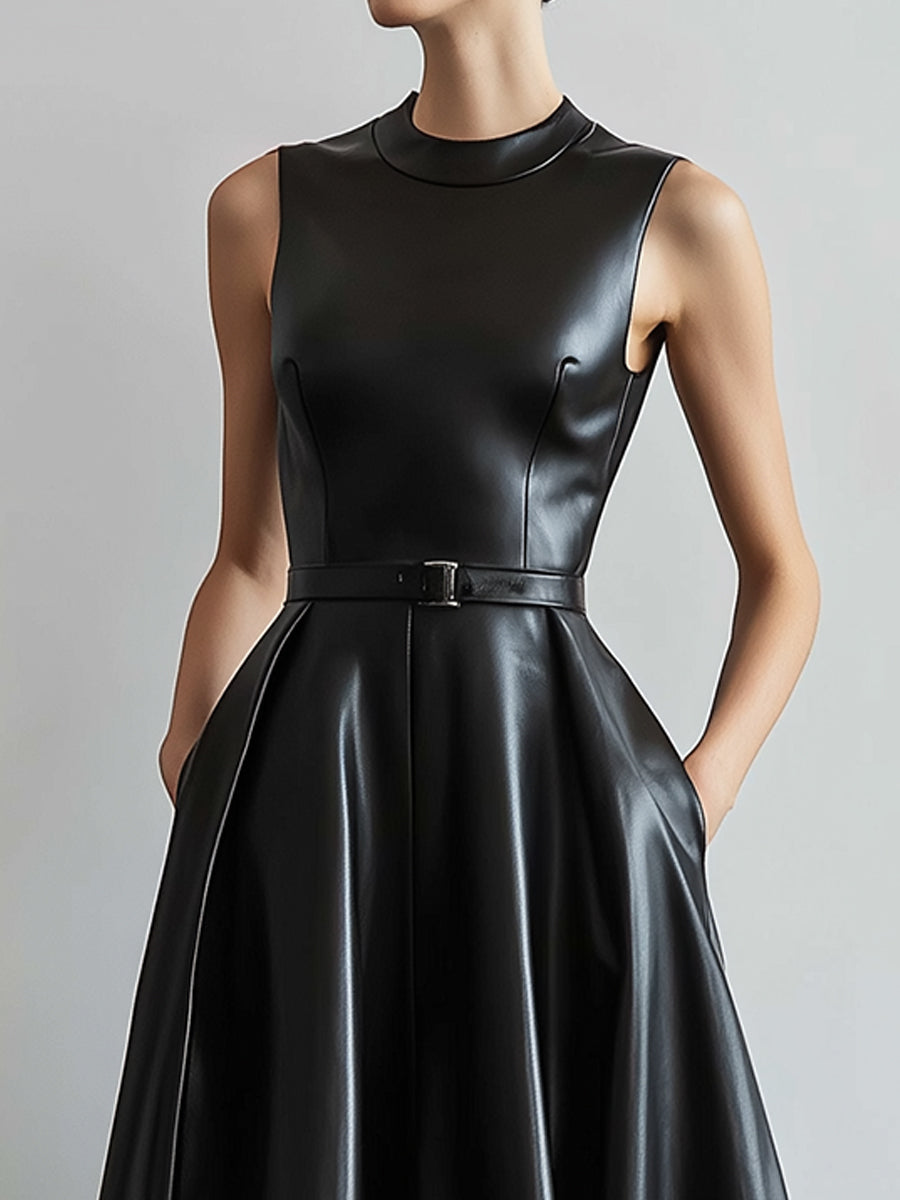 Sophisticated Faux Leather Black Midi Dress With Belted Waist