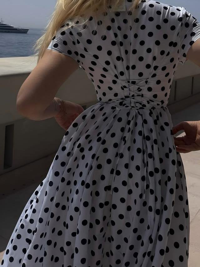 Cotton Maxi Dress, Short Sleeve, Shawl Collar, Polka Dot, Vintage, White