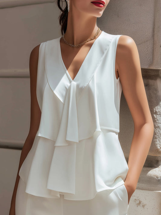 Sleeveless V-Neck Layered Ruffle Blouse