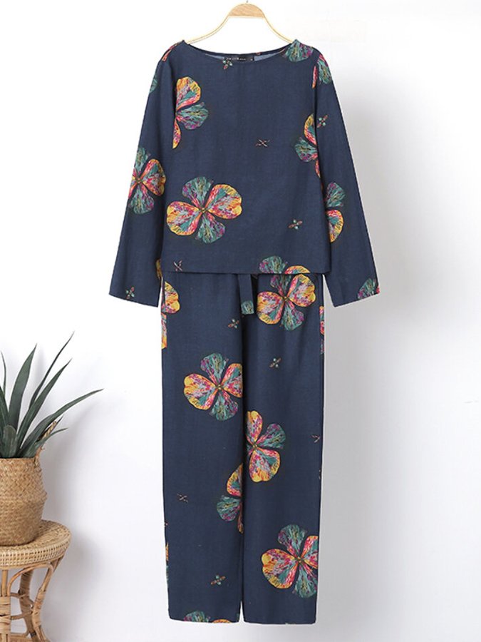 women's Vintage Flower Print Two-piece Set Suit