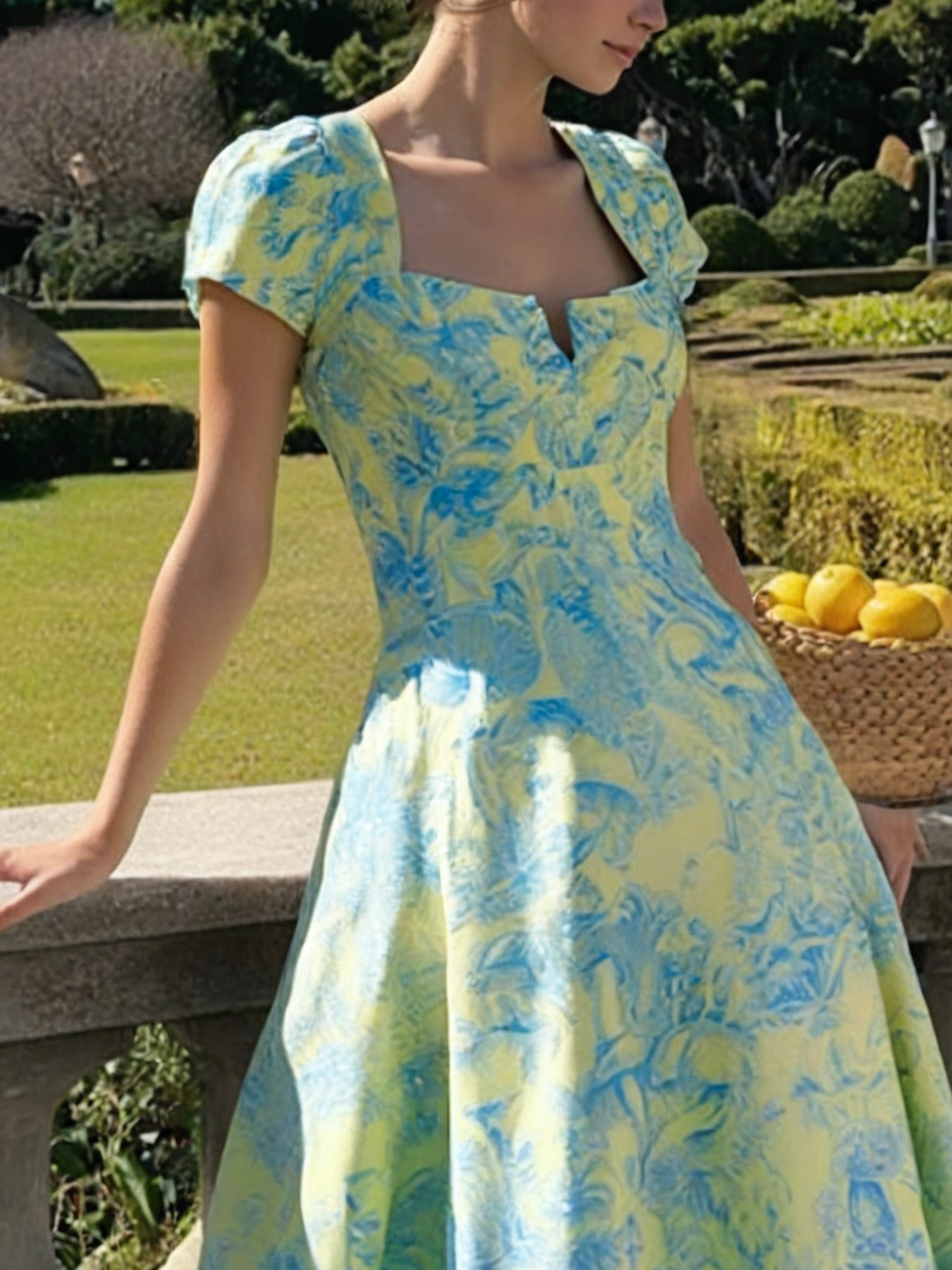 Maxi Linen Dress , Short Sleeves, Notched Collar, Plants Print, Vacation, Vintage, Blue