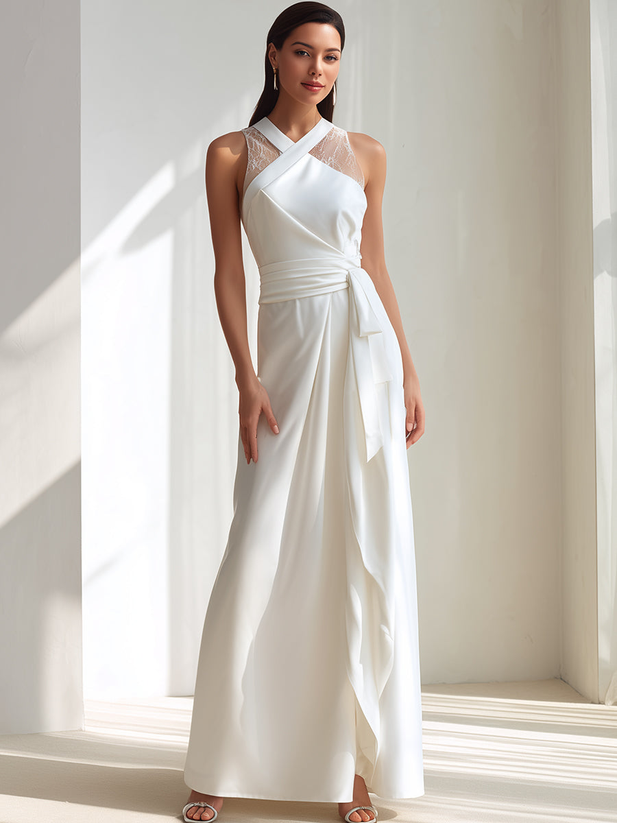 White Cross-Neck Lace Panel Wrap Maxi Dress