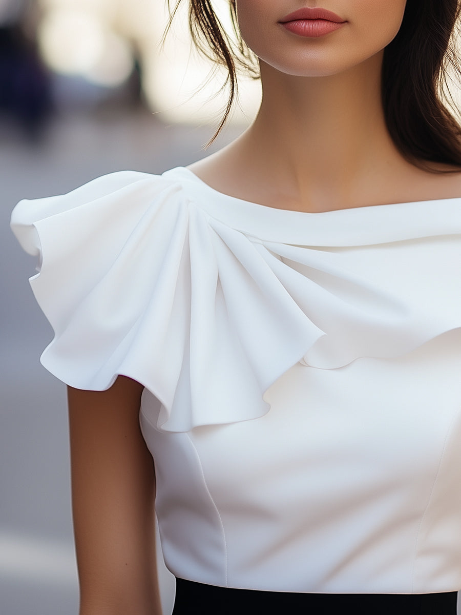 Chic Asymmetric Ruffle Blouse with Boat Neck
