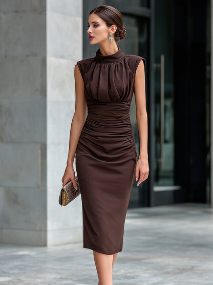 Neck Ruched Waist Sleeveless Midi Dress