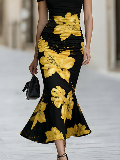Off-Shoulder Ruched Yellow Lily Floral Mermaid Midi Dress