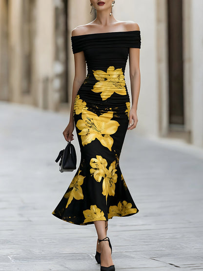 Off-Shoulder Ruched Yellow Lily Floral Mermaid Midi Dress