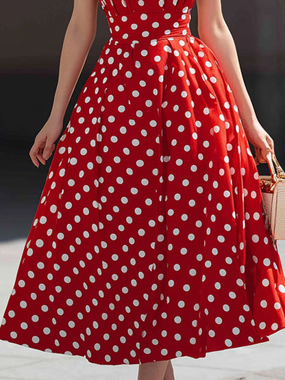 Halter V-Neck Polka Dot A-Line Midi Dress