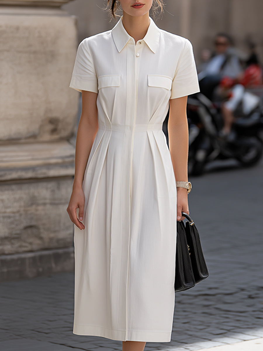 Structured Short Sleeve Shirt Collar Pleated Midi Dress