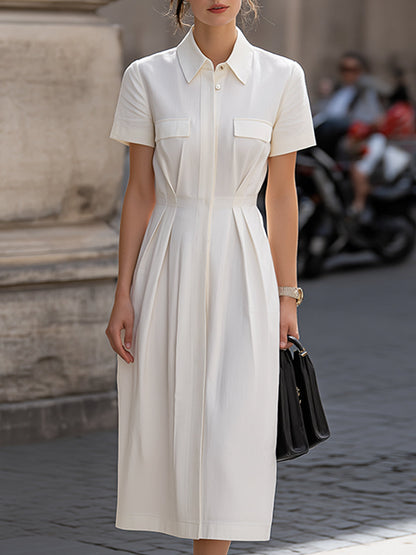 Structured Short Sleeve Shirt Collar Pleated Midi Dress