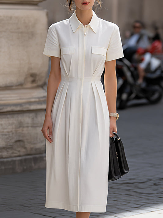 Structured Short Sleeve Shirt Collar Pleated Midi Dress