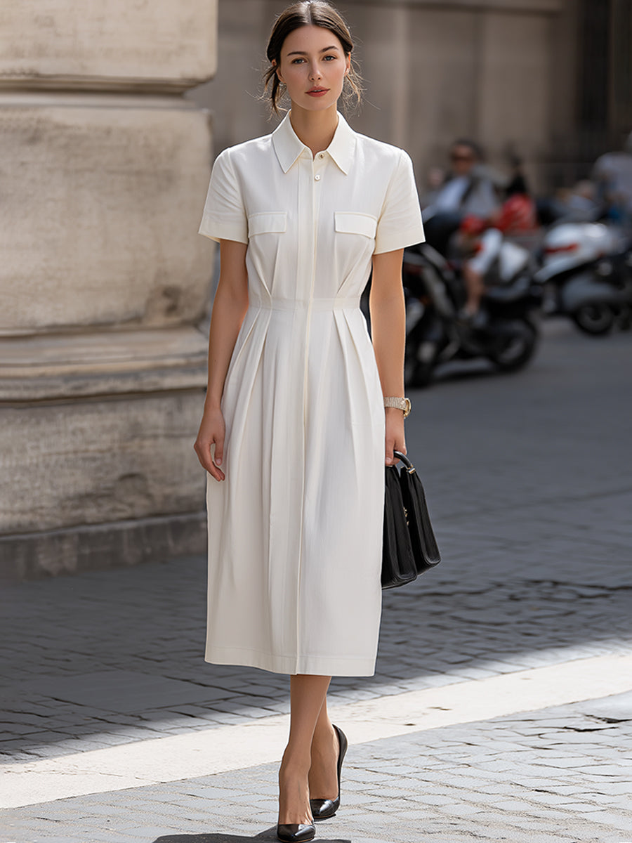 Structured Short Sleeve Shirt Collar Pleated Midi Dress