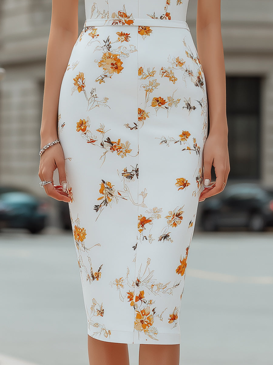 Floral Print Deep V-Neck Sleeveless Bodycon Midi Dress