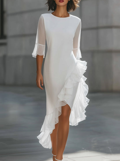 Asymmetric Ruffle Hem Sheer Sleeve Midi Dress